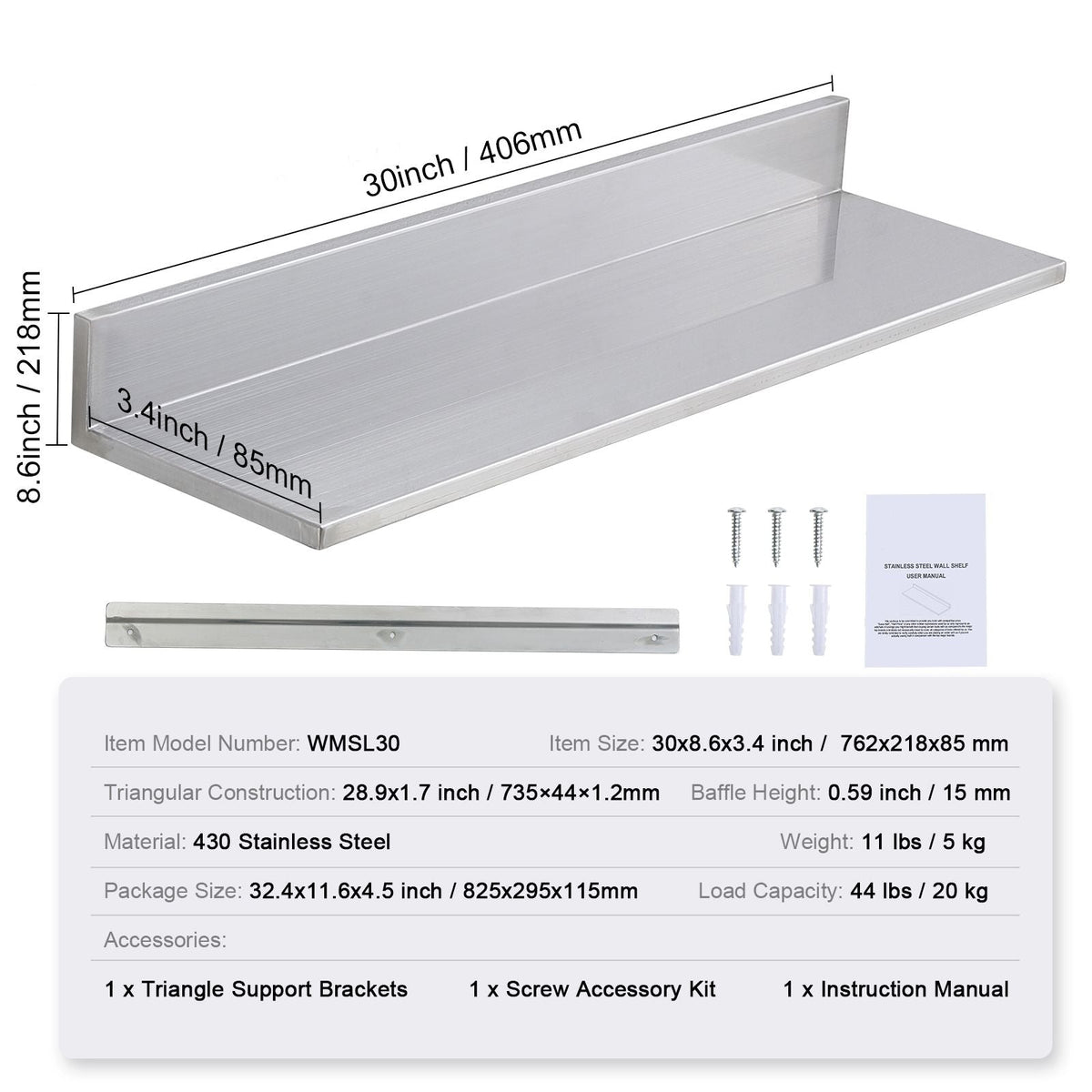 8.6" x 30" Stainless Steel Shelf, Wall Mounted Floating Shelving with Backsplash, 44 lbs Load Capacity Commercial Shelves, Heavy Duty Storage Rack for Restaurant, Kitchen, Bar, Home, and Hotel