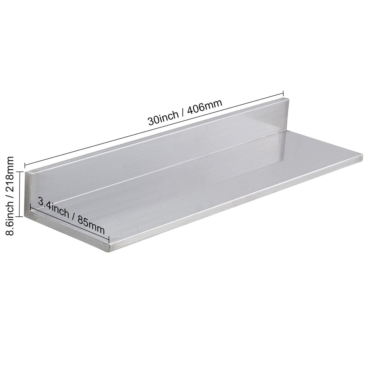 8.6" x 30" Stainless Steel Shelf, Wall Mounted Floating Shelving with Backsplash, 44 lbs Load Capacity Commercial Shelves, Heavy Duty Storage Rack for Restaurant, Kitchen, Bar, Home, and Hotel