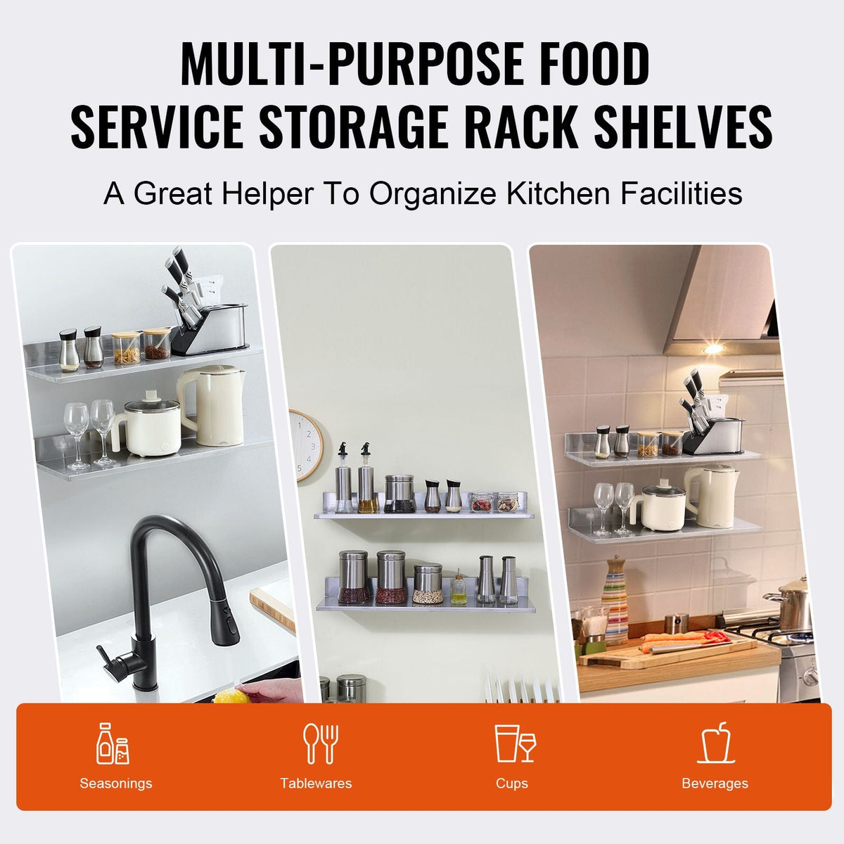 8.6" x 30" Stainless Steel Shelf, Wall Mounted Floating Shelving with Backsplash, 44 lbs Load Capacity Commercial Shelves, Heavy Duty Storage Rack for Restaurant, Kitchen, Bar, Home, and Hotel