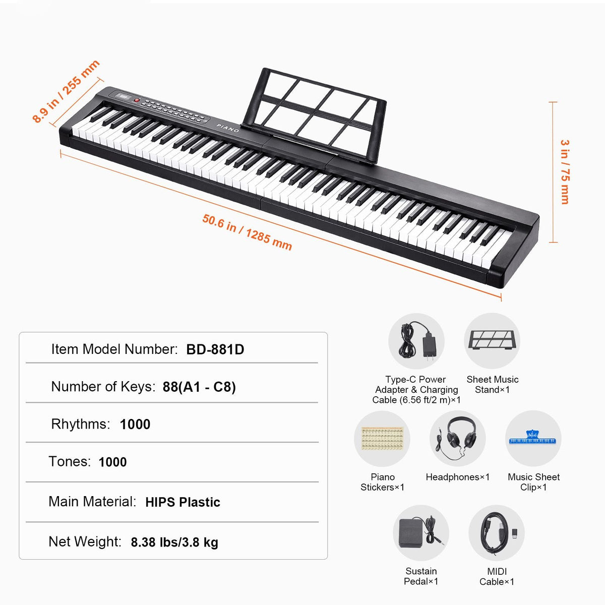 88 Key Digital Piano Keyboard, Semi Weighted Keys, Full Size Electric Portable Keyboard Piano Set with 1000 Tones Built-In Speakers Sustain Pedal Headphones, Bluetooth MIDI USB for Beginners