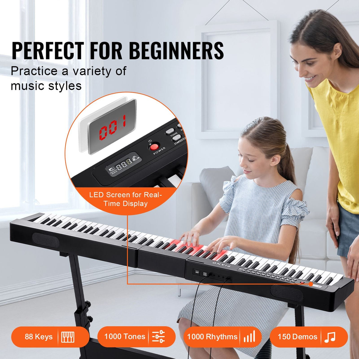 88 Key Digital Piano Keyboard, Semi Weighted Keys, Full Size Electric Portable Keyboard Piano Set with 1000 Tones Built-In Speakers Sustain Pedal Headphones, Bluetooth MIDI USB for Beginners