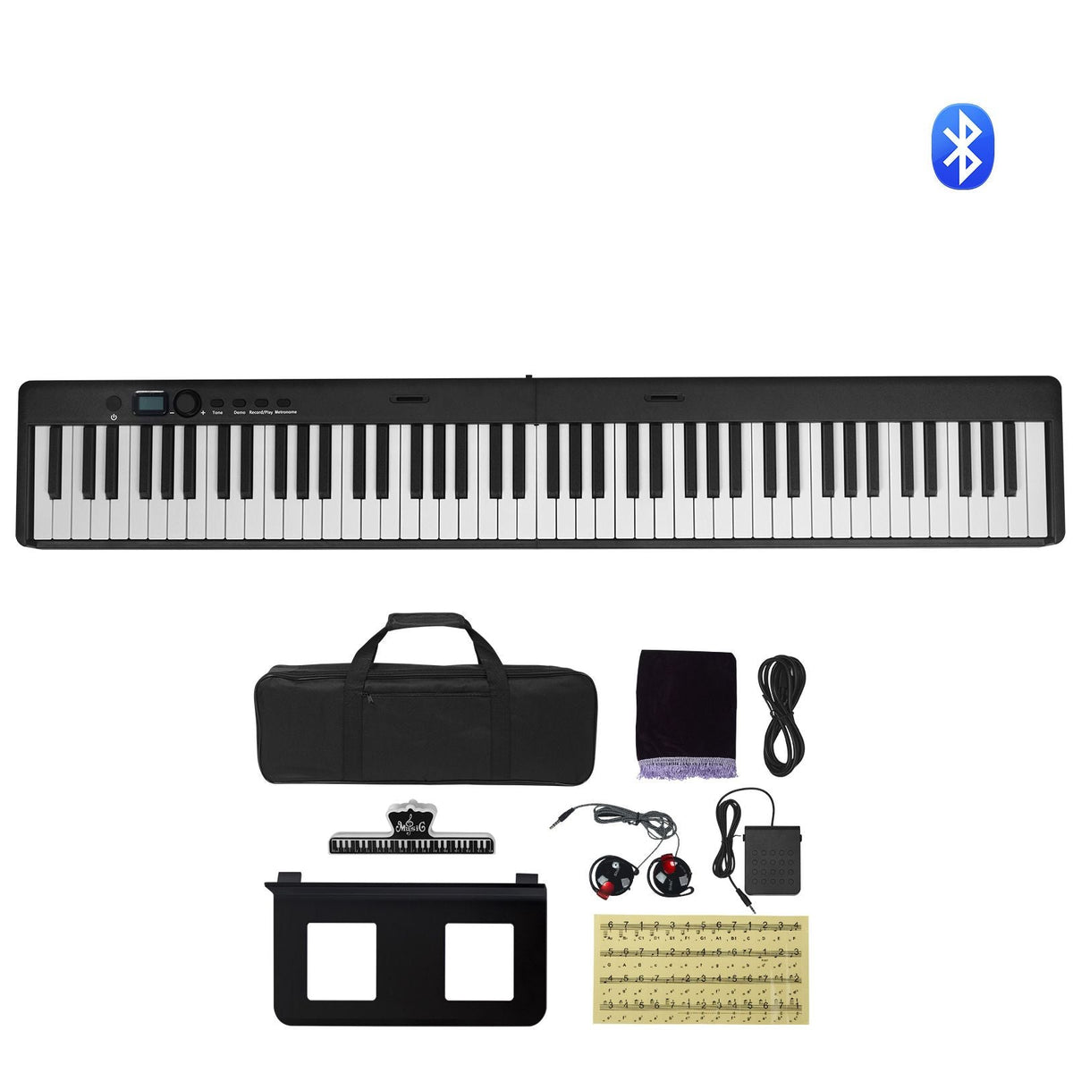 88 Key Folding Keyboard Piano, Bluetooth & MIDI, Portable Electronic Digital Foldable Piano with Sustain Pedal Bag Touch Sensitive Keys Headphones, Rechargeable for Beginners Teens Adults, Black