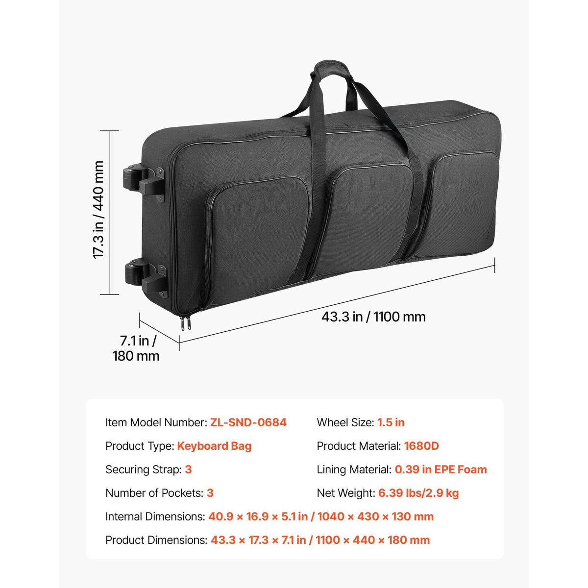88 Key Keyboard Case, 40.9 x 16.9 x 5.1 in Interior, Padded Rolling Piano Case with Wheels, Sturdy Handle, 3-Pocket Storage, Gig Bag with Smooth Wheels, for 88 Note Keyboards and Electric Pianos