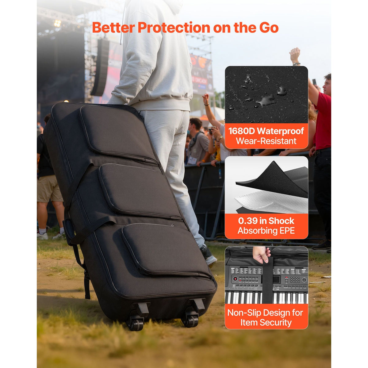 88 Key Keyboard Case, 40.9 x 16.9 x 5.1 in Interior, Padded Rolling Piano Case with Wheels, Sturdy Handle, 3-Pocket Storage, Gig Bag with Smooth Wheels, for 88 Note Keyboards and Electric Pianos