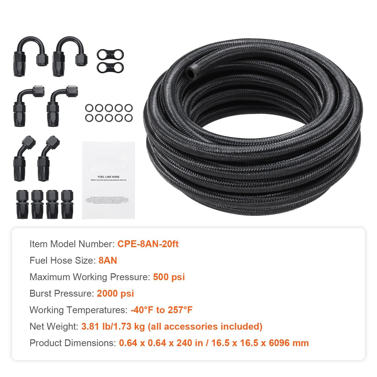 8AN Fuel Line Kit, 20 FT Fuel Hose Kit, 0.43" Nylon Stainless Steel Braided Fuel Line Oil/Gas/Diesel Hose End Fitting Kit, with 12 PCS Swivel Fitting Adapter Kit, Black