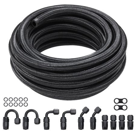 8AN Fuel Line Kit, 20 FT Fuel Hose Kit, 0.43" Nylon Stainless Steel Braided Fuel Line Oil/Gas/Diesel Hose End Fitting Kit, with 12 PCS Swivel Fitting Adapter Kit, Black