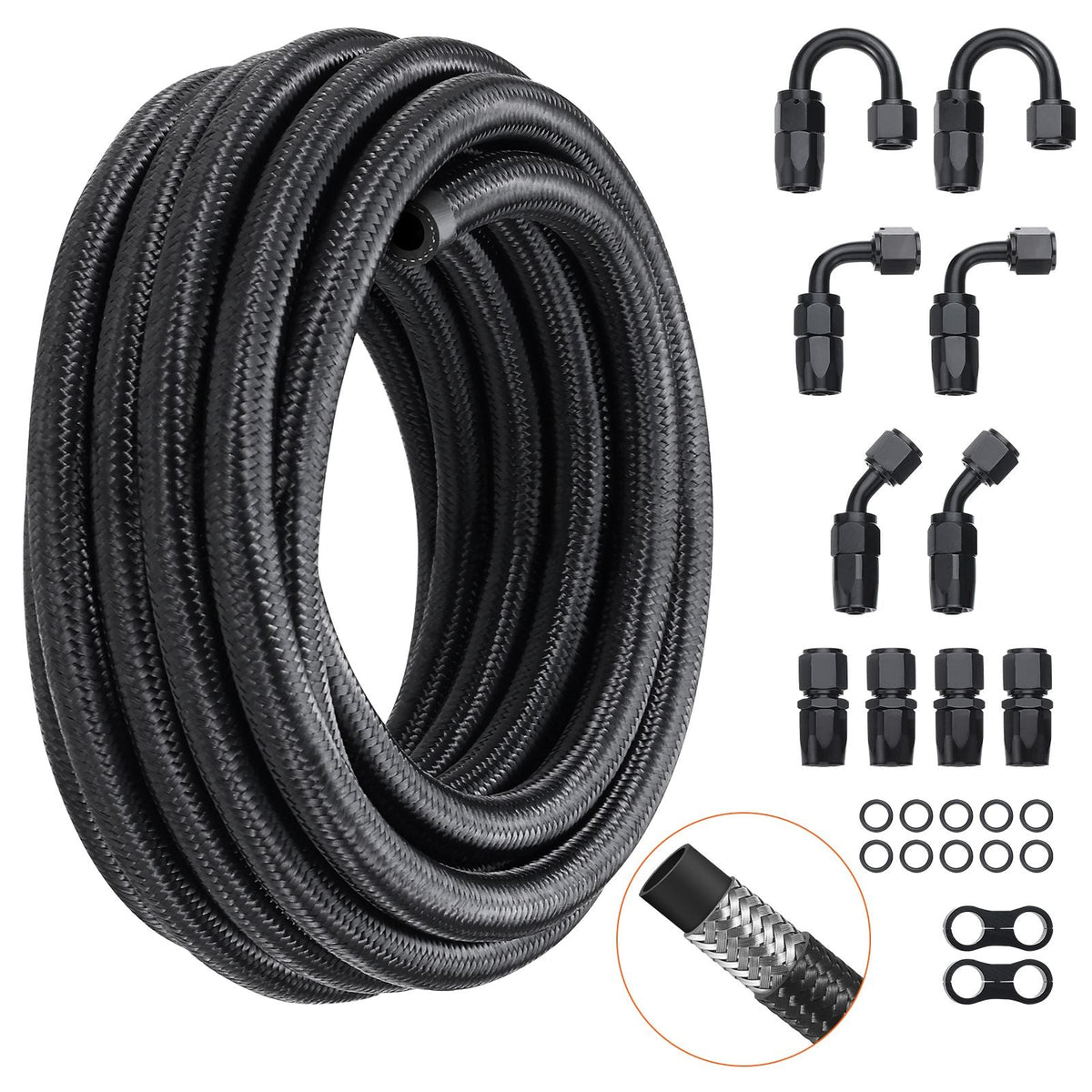 8AN Fuel Line Kit, 20 FT Fuel Hose Kit, 0.43" Nylon Stainless Steel Braided Fuel Line Oil/Gas/Diesel Hose End Fitting Kit, with 12 PCS Swivel Fitting Adapter Kit, Black