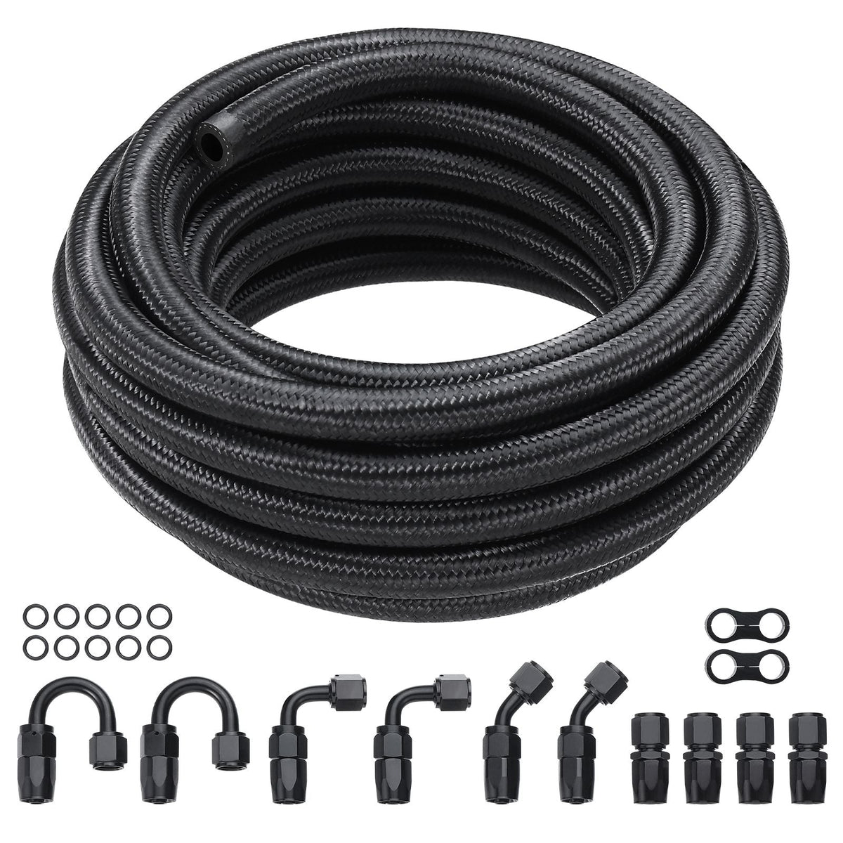 8AN Fuel Line Kit, 20 FT Fuel Hose Kit, 0.43" Nylon Stainless Steel Braided Fuel Line Oil/Gas/Diesel Hose End Fitting Kit, with 12 PCS Swivel Fitting Adapter Kit, Black