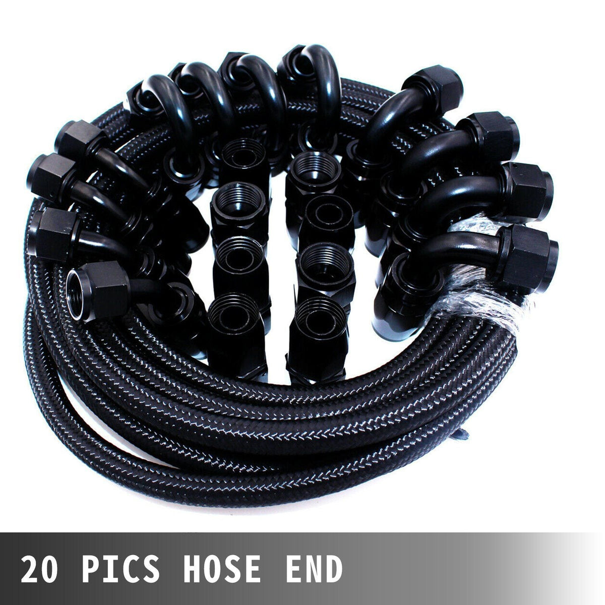 8AN Fuel Line Kit, 32.8' Nylon Stainless Steel Braided Oil Line Hose ID. 11.11 mm/ 0.44 in, with 20 pcs 8AN Universal Fitting Adapter Set with Aluminum Hose End, Black