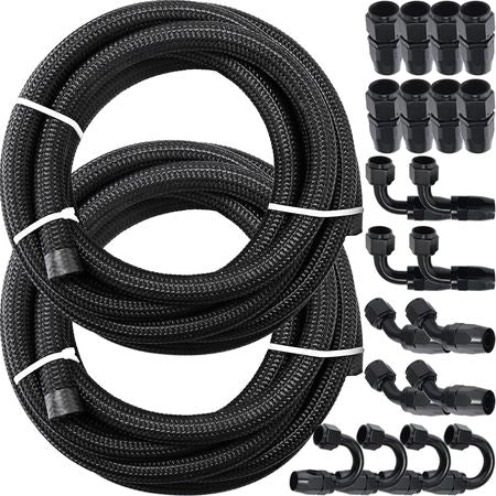 8AN Fuel Line Kit, 32.8' Nylon Stainless Steel Braided Oil Line Hose ID. 11.11 mm/ 0.44 in, with 20 pcs 8AN Universal Fitting Adapter Set with Aluminum Hose End, Black