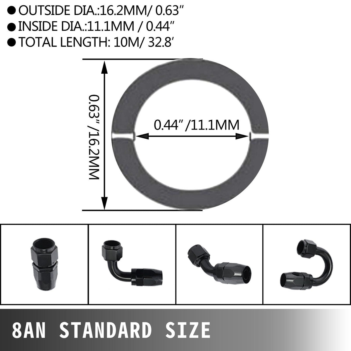 8AN Fuel Line Kit, 32.8' Nylon Stainless Steel Braided Oil Line Hose ID. 11.11 mm/ 0.44 in, with 20 pcs 8AN Universal Fitting Adapter Set with Aluminum Hose End, Black