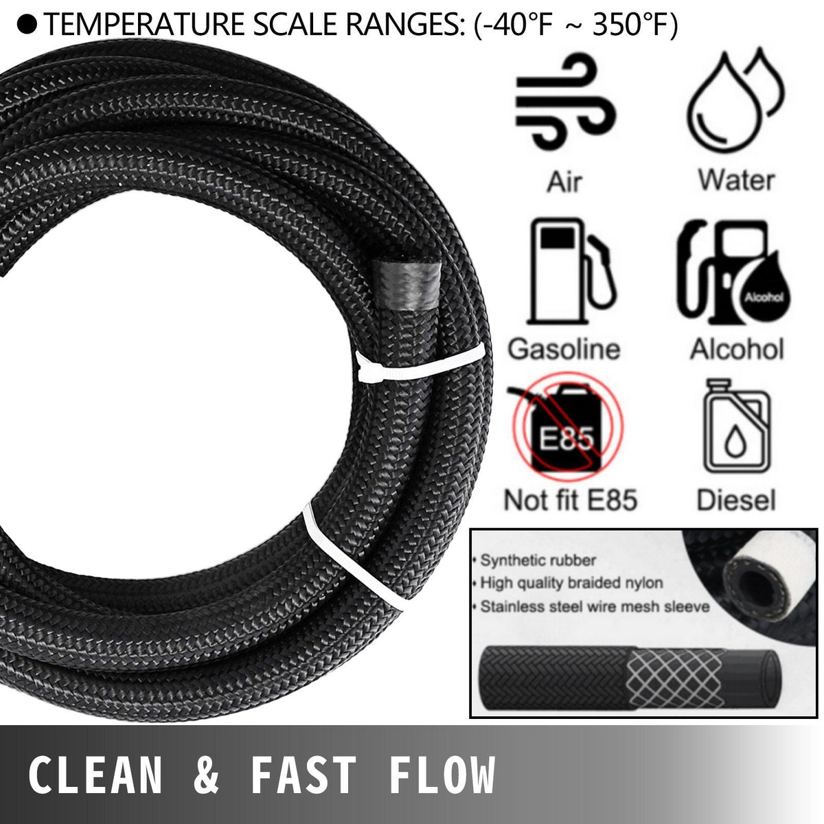 8AN Fuel Line Kit, 32.8' Nylon Stainless Steel Braided Oil Line Hose ID. 11.11 mm/ 0.44 in, with 20 pcs 8AN Universal Fitting Adapter Set with Aluminum Hose End, Black