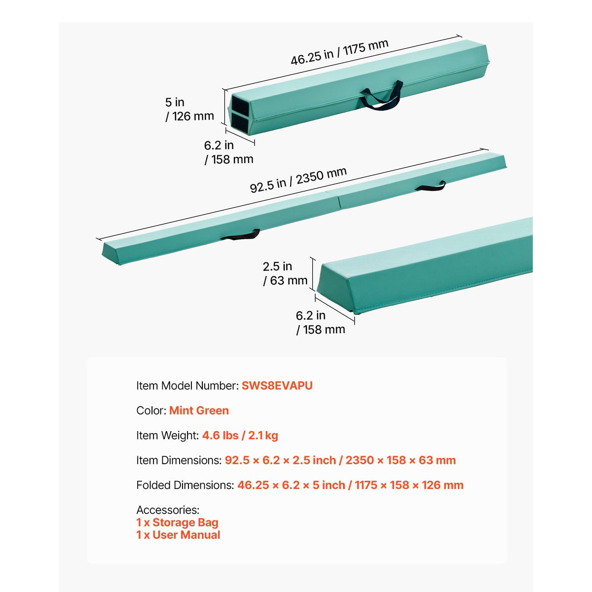 8FT Folding Balance Beam for Kids, 200LBS Stable Support Gymnastics Floor Beam with Non-Slip Mats, Gymnastics Training Equipment with Anti-Slip Bottom and Carrying Bag for Home Gym, Mint Green