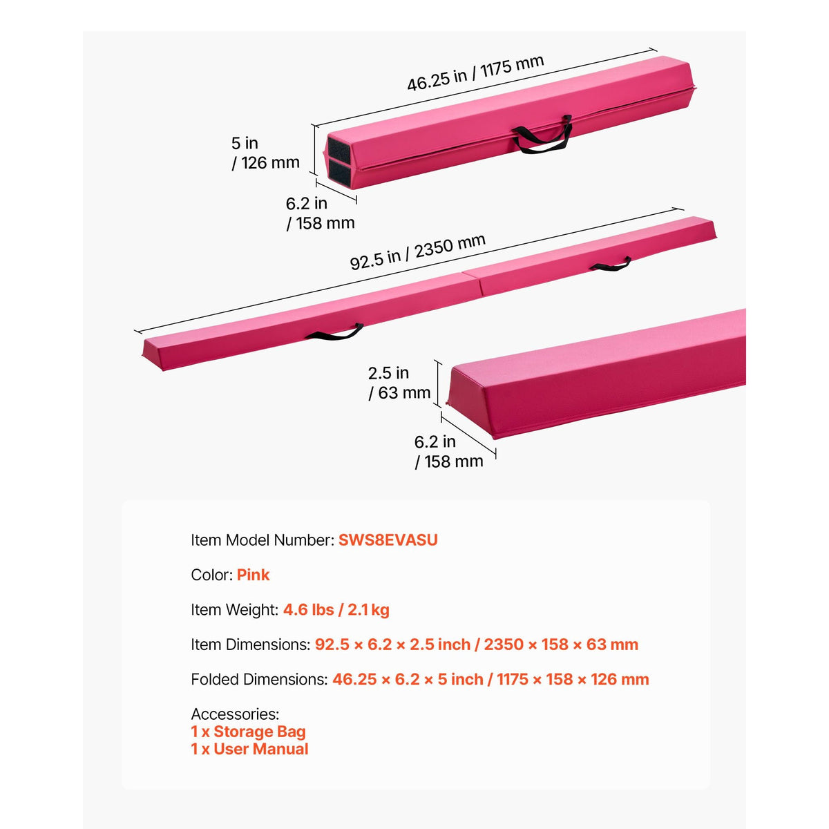 8FT Folding Balance Beam for Kids, 200LBS Stable Support Gymnastics Floor Beam with Non-Slip Mats, Gymnastics Training Equipment with Anti-Slip Bottom and Carrying Bag for Home Gym, Pink