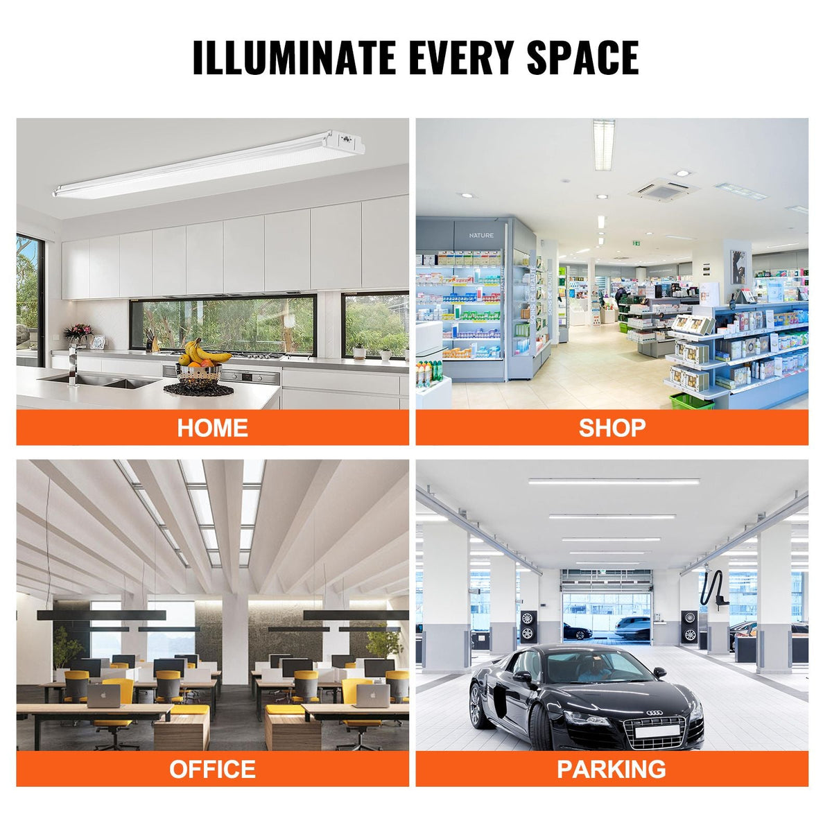 8FT LED Wraparound Light, 110W 10,000LM, Flush Mount LED Shop Light, 4 Pack 6500K Daylight LED Kitchen Ceiling Lighting Fixtures, for Garage Office Laundry Fluorescent Tube Replacement, FCC