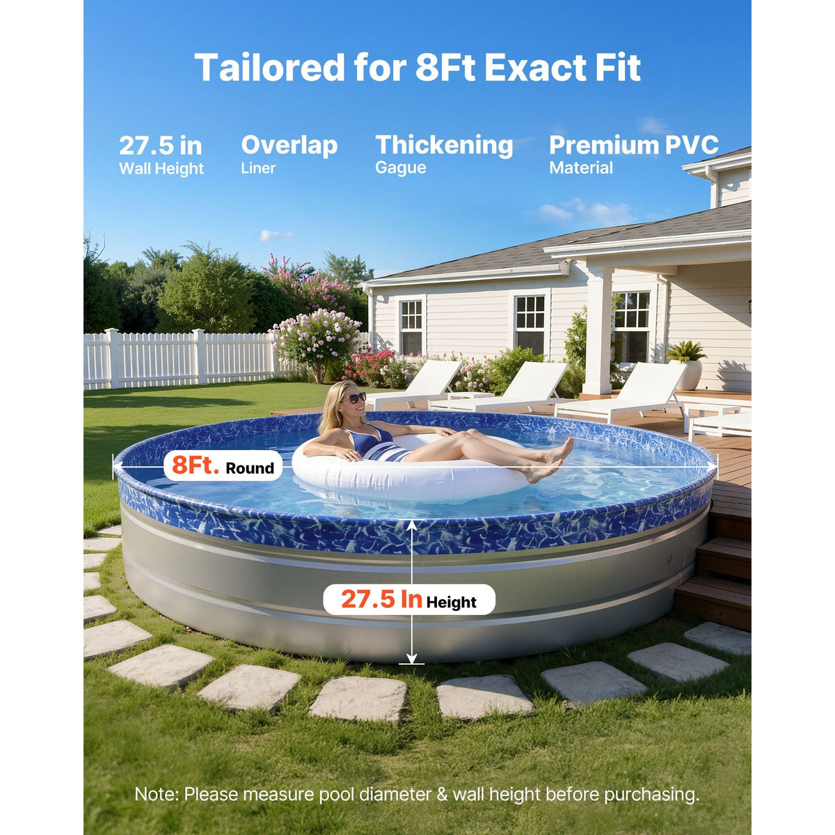 8ft Pool Liner, Round Overlap Swimming Pool Liner for 27.5 in Wall Height, Heavy Gauge Vinyl, Easy Install with Leak-Proof Patches, Designed for Steel Sided Above-Ground,Outdoor, Crystal