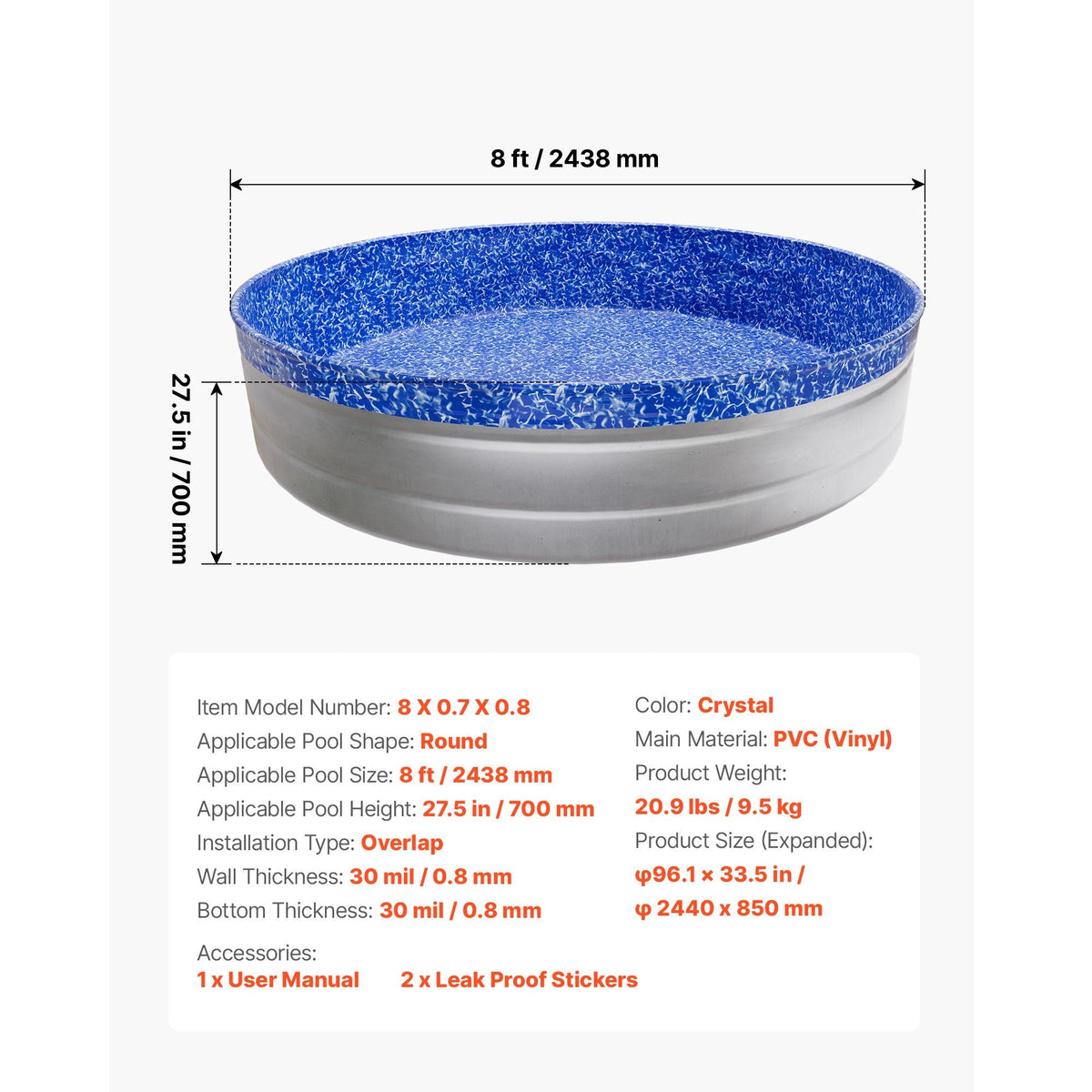 8ft Pool Liner, Round Overlap Swimming Pool Liner for 27.5 in Wall Height, Heavy Gauge Vinyl, Easy Install with Leak-Proof Patches, Designed for Steel Sided Above-Ground,Outdoor, Crystal