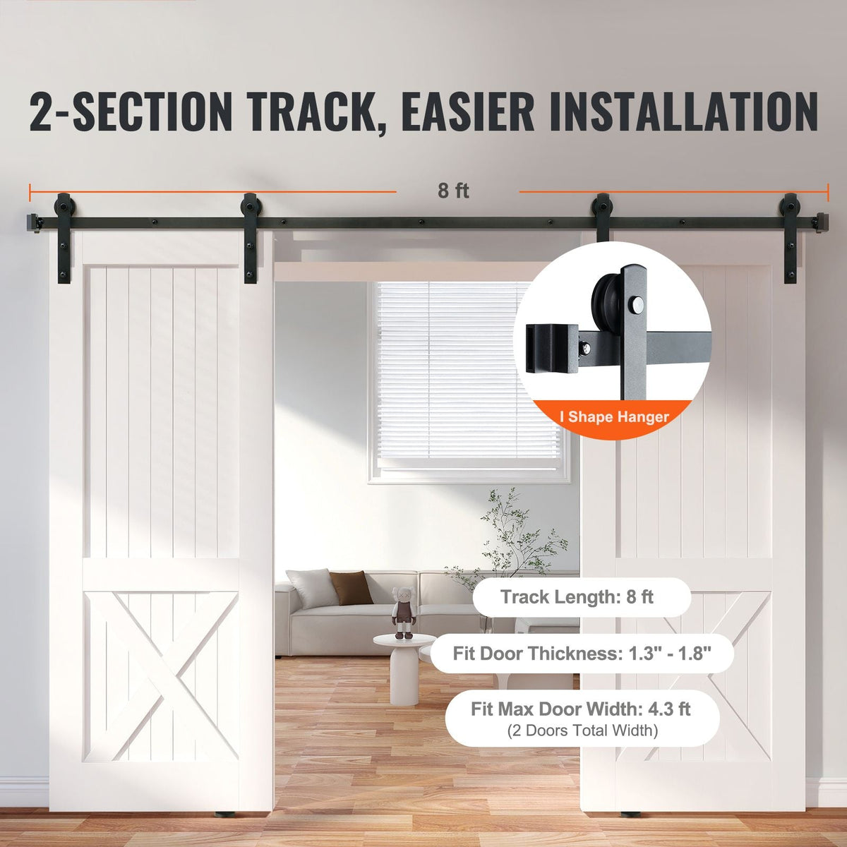 8FT Sliding Barn Door Hardware Kit, 330LBS Heavy Duty Barn Door Track Kit for Double Doors, Fit 3.7-4.3FT Total Wide and 1.3"-1.8" Thick 2 Door Panel, with Smooth & Silent Pulley (I Shape)