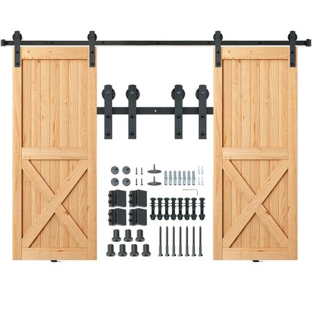 8FT Sliding Barn Door Hardware Kit, 330LBS Heavy Duty Barn Door Track Kit for Double Doors, Fit 3.7-4.3FT Total Wide and 1.3"-1.8" Thick 2 Door Panel, with Smooth & Silent Pulley (I Shape)