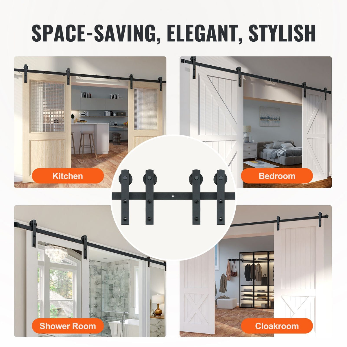 8FT Sliding Barn Door Hardware Kit, 330LBS Heavy Duty Barn Door Track Kit for Double Doors, Fit 3.7-4.3FT Total Wide and 1.3"-1.8" Thick 2 Door Panel, with Smooth & Silent Pulley (I Shape)