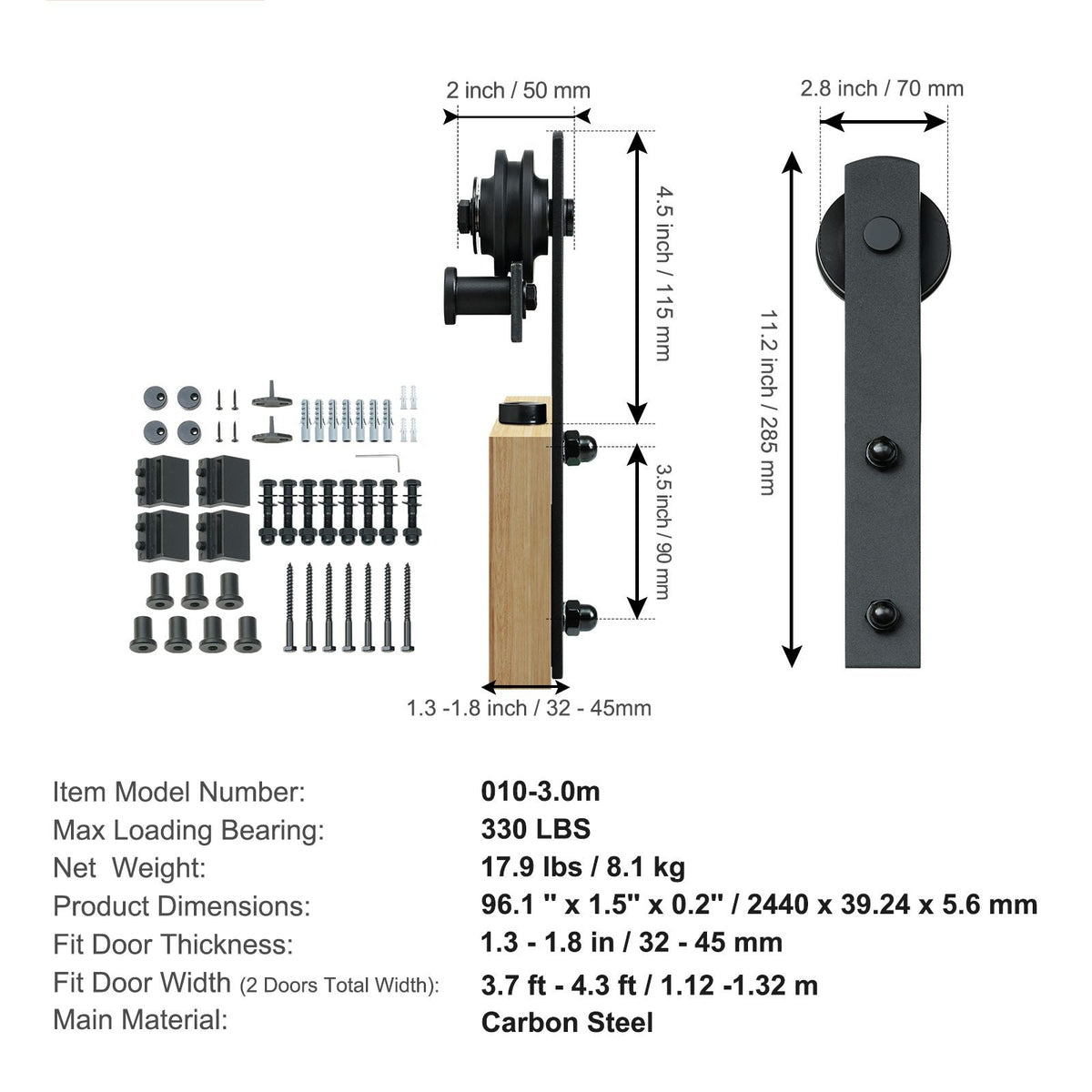 8FT Sliding Barn Door Hardware Kit, 330LBS Heavy Duty Barn Door Track Kit for Double Doors, Fit 3.7-4.3FT Total Wide and 1.3"-1.8" Thick 2 Door Panel, with Smooth & Silent Pulley (I Shape)