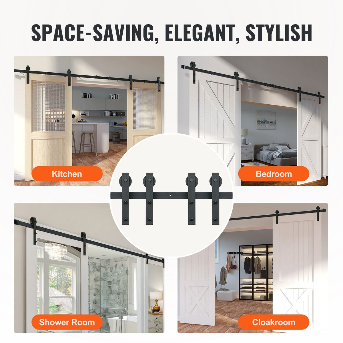 8FT Sliding Barn Door Hardware Kit, 330LBS Heavy Duty Barn Door Track Kit for Double Doors, Fit 3.7-4.3FT Total Wide and 1.3"-1.8" Thick 2 Door Panel, with Smooth & Silent Pulley (J Shape)