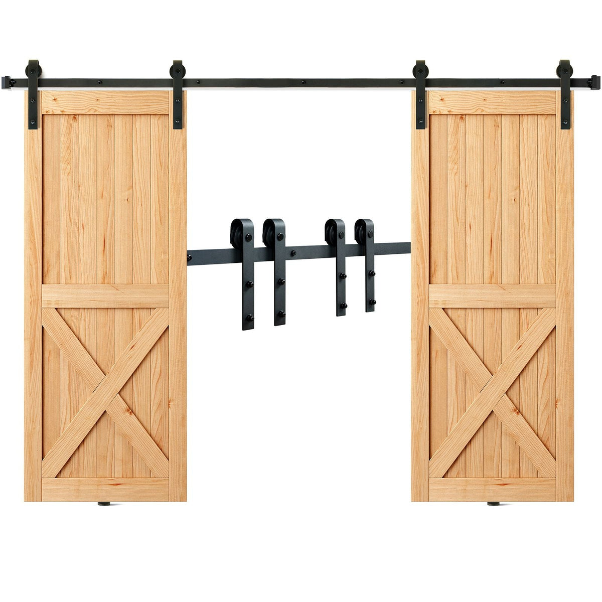 8FT Sliding Barn Door Hardware Kit, 330LBS Heavy Duty Barn Door Track Kit for Double Doors, Fit 3.7-4.3FT Total Wide and 1.3"-1.8" Thick 2 Door Panel, with Smooth & Silent Pulley (J Shape)