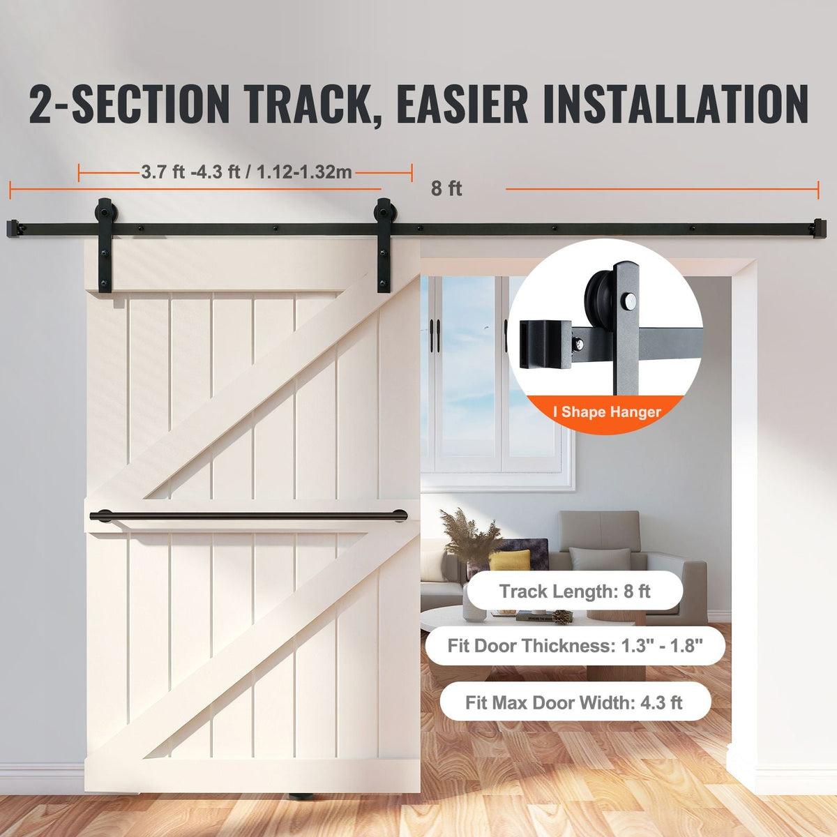 8FT Sliding Barn Door Hardware Kit, 330LBS Loading Heavy Duty Barn Door Track Kit for Single Door, Fit 3.7-4.3FT Wide and 1.3"-1.8" Thick Door Panel, with Smooth & Silent Pulley (I Shape)