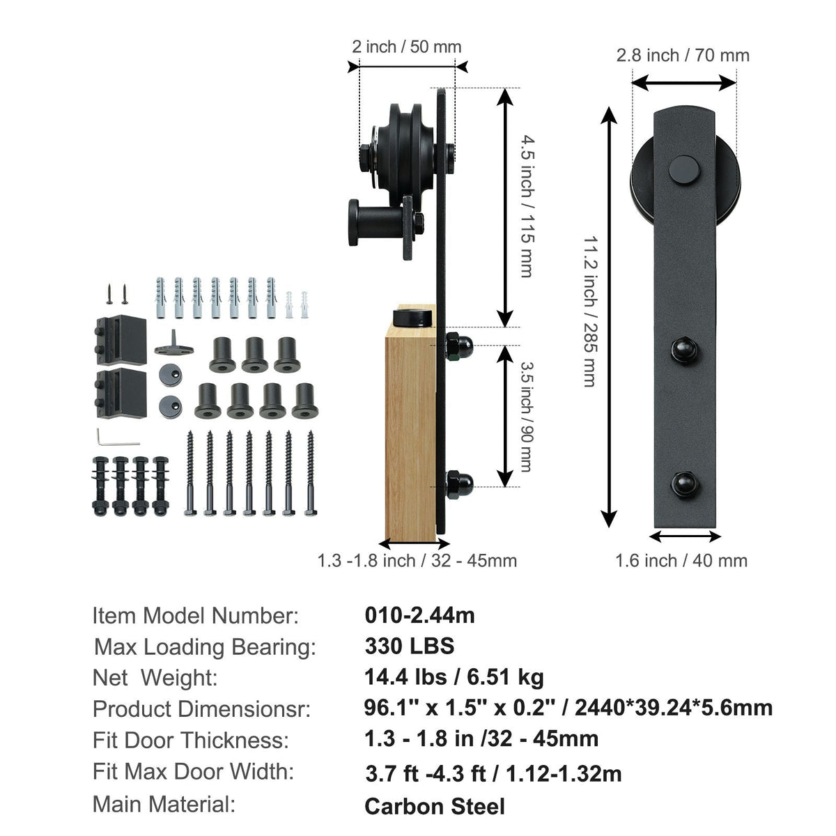 8FT Sliding Barn Door Hardware Kit, 330LBS Loading Heavy Duty Barn Door Track Kit for Single Door, Fit 3.7-4.3FT Wide and 1.3"-1.8" Thick Door Panel, with Smooth & Silent Pulley (I Shape)