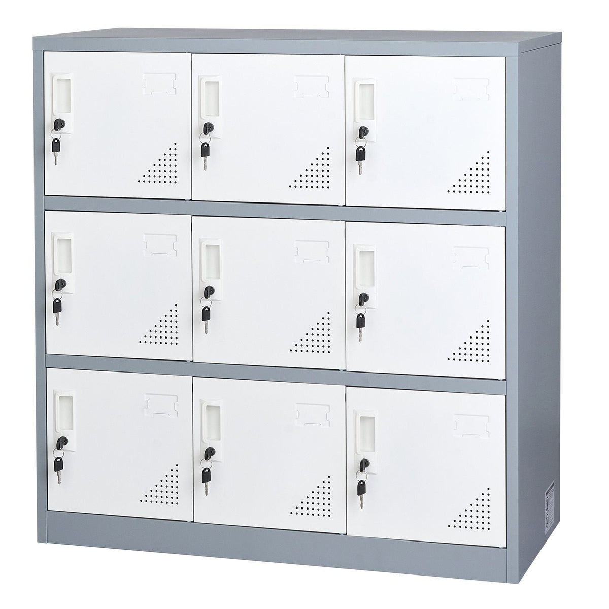 9 Doors Metal Locker, Lockable Steel Storage Cabinet, 66 lbs Loading Capacity, 2 Keys for Each Door, 3 Tiers Employee Lockers for Office, School, Gym, Easy Assembly, 35.4 x 17.7 x 37 in, Gray