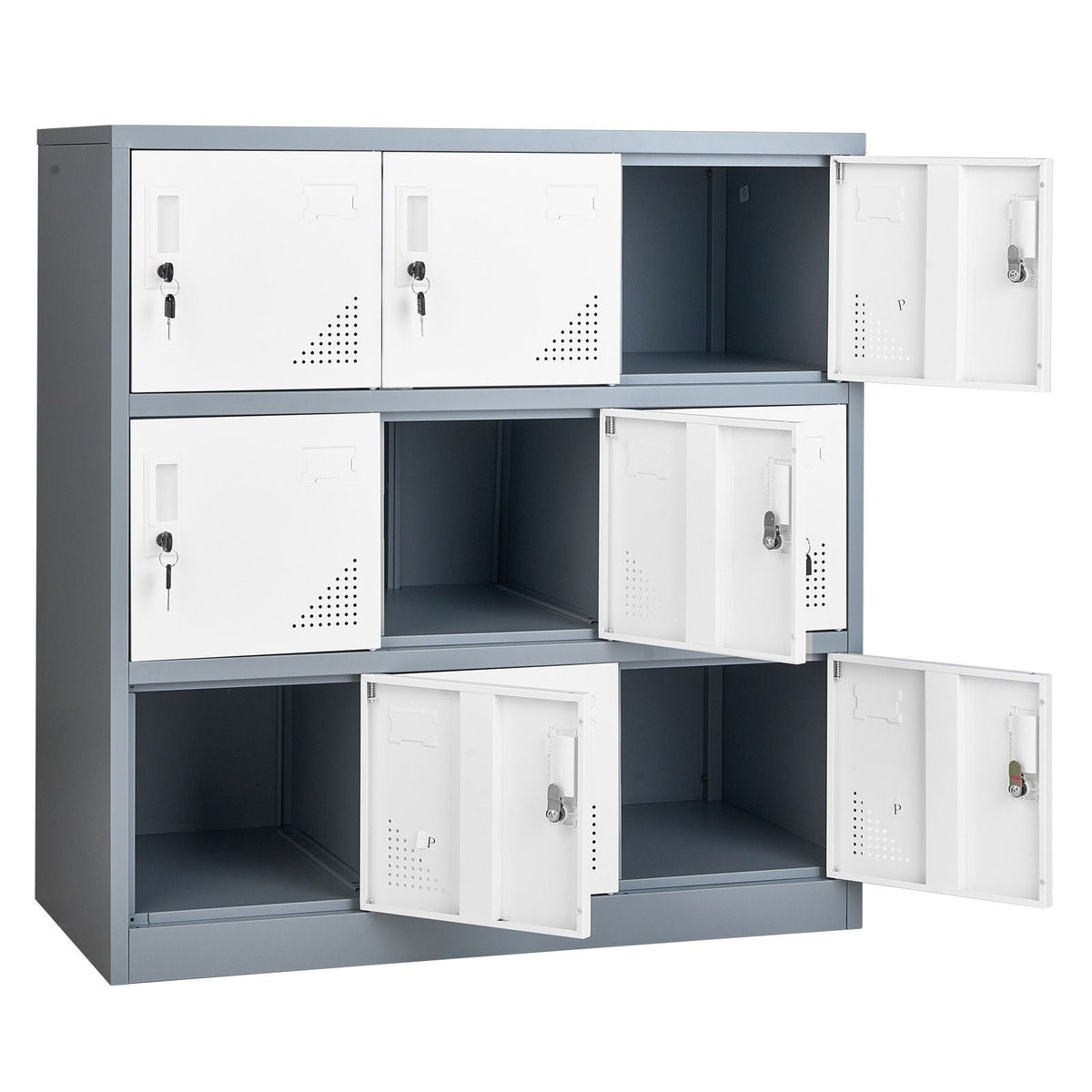 9 Doors Metal Locker, Lockable Steel Storage Cabinet, 66 lbs Loading Capacity, 2 Keys for Each Door, 3 Tiers Employee Lockers for Office, School, Gym, Easy Assembly, 35.4 x 17.7 x 37 in, Gray