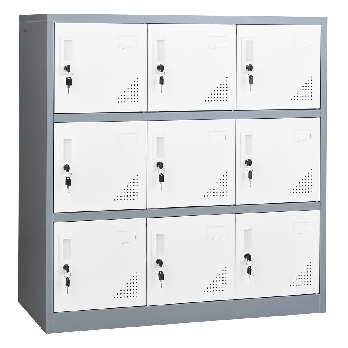 9 Doors Metal Locker, Lockable Steel Storage Cabinet, 66 lbs Loading Capacity, 2 Keys for Each Door, 3 Tiers Employee Lockers for Office, School, Gym, Easy Assembly, 35.4 x 17.7 x 37 in, Gray