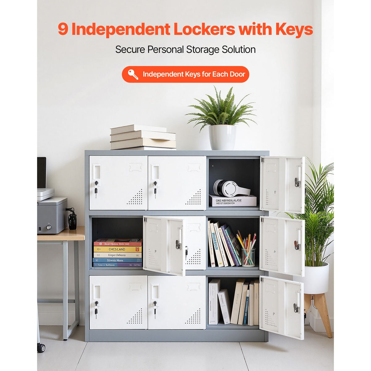 9 Doors Metal Locker, Lockable Steel Storage Cabinet, 66 lbs Loading Capacity, 2 Keys for Each Door, 3 Tiers Employee Lockers for Office, School, Gym, Easy Assembly, 35.4 x 17.7 x 37 in, Gray