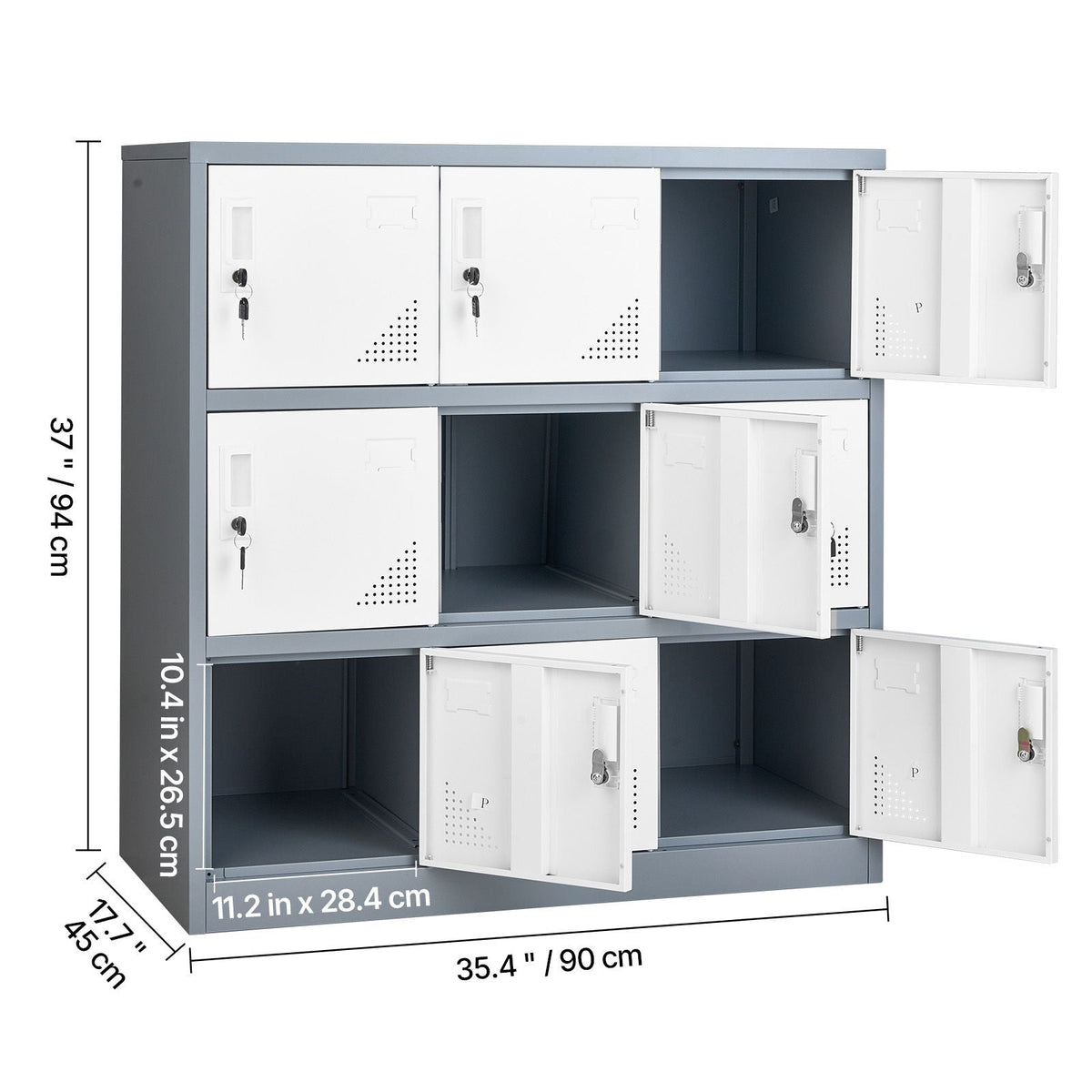 9 Doors Metal Locker, Lockable Steel Storage Cabinet, 66 lbs Loading Capacity, 2 Keys for Each Door, 3 Tiers Employee Lockers for Office, School, Gym, Easy Assembly, 35.4 x 17.7 x 37 in, Gray