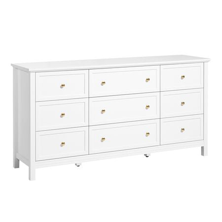 9 Drawer Dresser, Wooden Chest of Drawers with Sliding and Anti-tip Device, Retro Minimalist Dresser Chest, Closet Storage TV Stand Organizer for Living Room, Hallway, Bedroom, Entryway, White