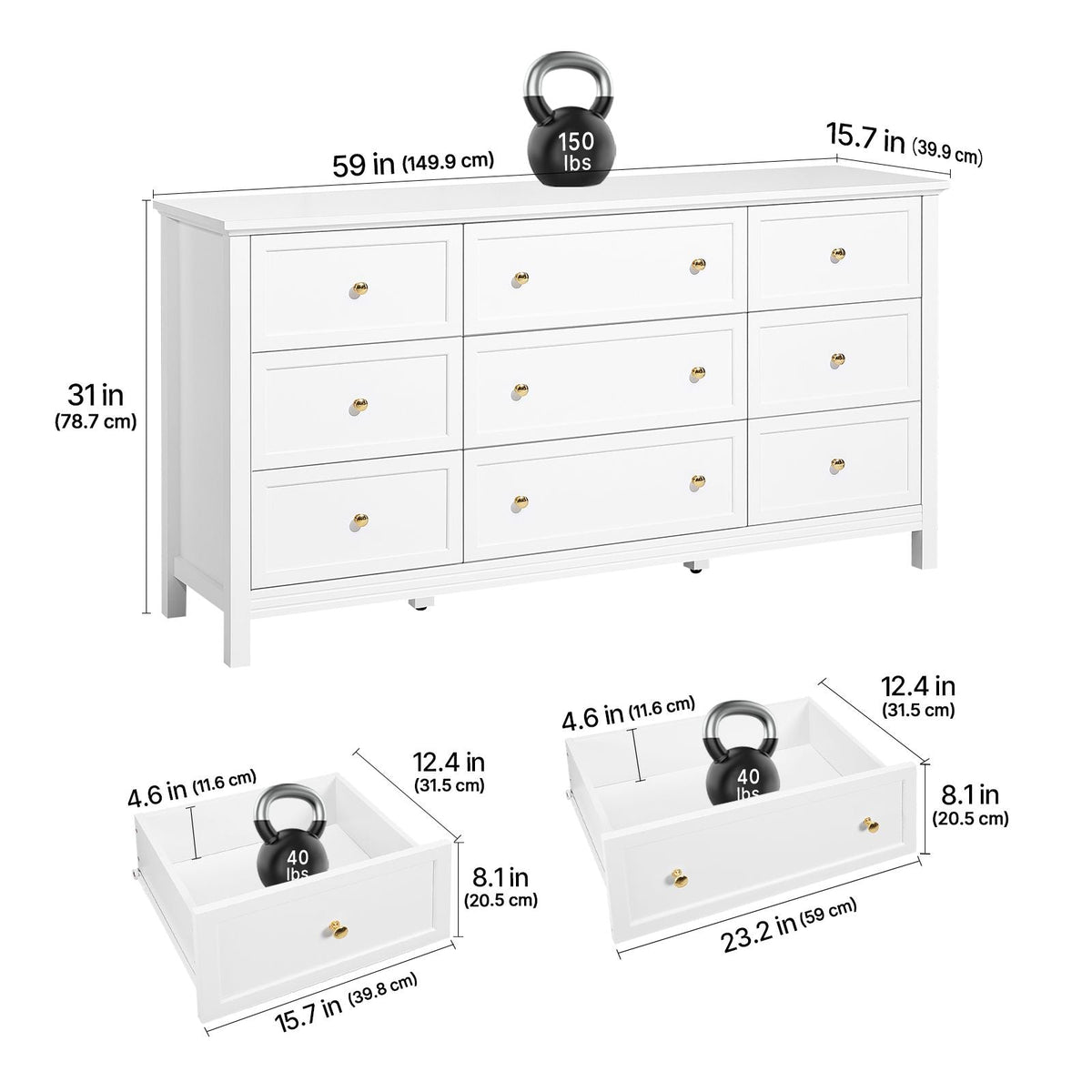 9 Drawer Dresser, Wooden Chest of Drawers with Sliding and Anti-tip Device, Retro Minimalist Dresser Chest, Closet Storage TV Stand Organizer for Living Room, Hallway, Bedroom, Entryway, White