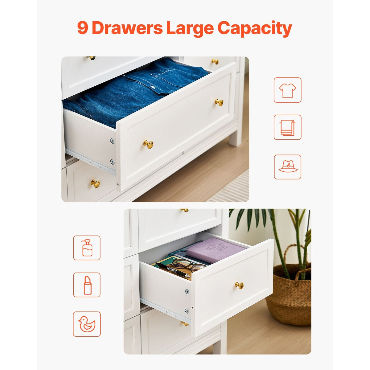 9 Drawer Dresser, Wooden Chest of Drawers with Sliding and Anti-tip Device, Retro Minimalist Dresser Chest, Closet Storage TV Stand Organizer for Living Room, Hallway, Bedroom, Entryway, White