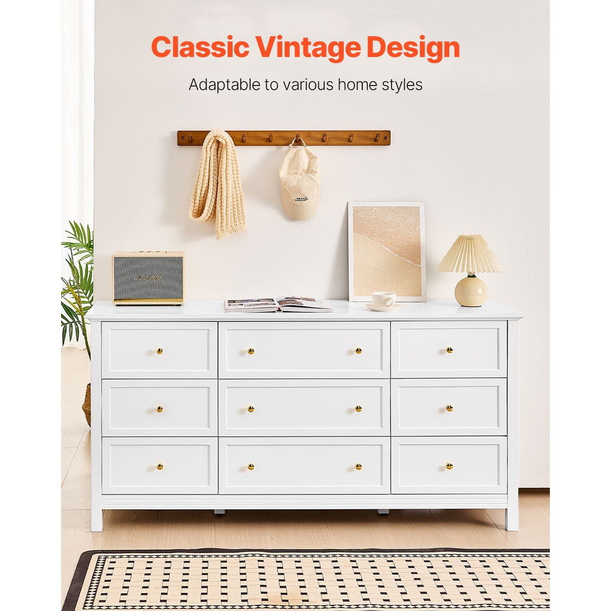 9 Drawer Dresser, Wooden Chest of Drawers with Sliding and Anti-tip Device, Retro Minimalist Dresser Chest, Closet Storage TV Stand Organizer for Living Room, Hallway, Bedroom, Entryway, White
