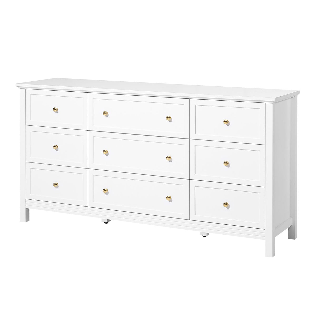 9 Drawer Dresser, Wooden Chest of Drawers with Sliding and Anti-tip Device, Retro Minimalist Dresser Chest, Closet Storage TV Stand Organizer for Living Room, Hallway, Bedroom, Entryway, White