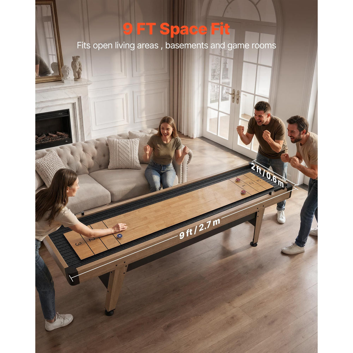 9 ft Shuffleboard Table, Scratch-Resistant Playfield for Smooth, Fast Puck Action, Pedestal Legs with Levelers for Optimum Stability, Shuffle Board w/ 8 Pucks, Wax, Brush, for Family Game Room