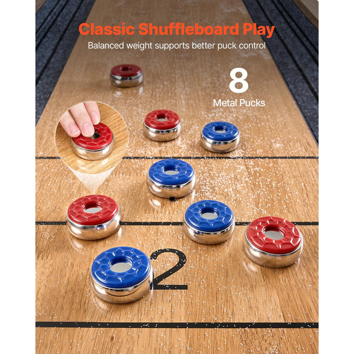 9 ft Shuffleboard Table, Scratch-Resistant Playfield for Smooth, Fast Puck Action, Pedestal Legs with Levelers for Optimum Stability, Shuffle Board w/ 8 Pucks, Wax, Brush, for Family Game Room