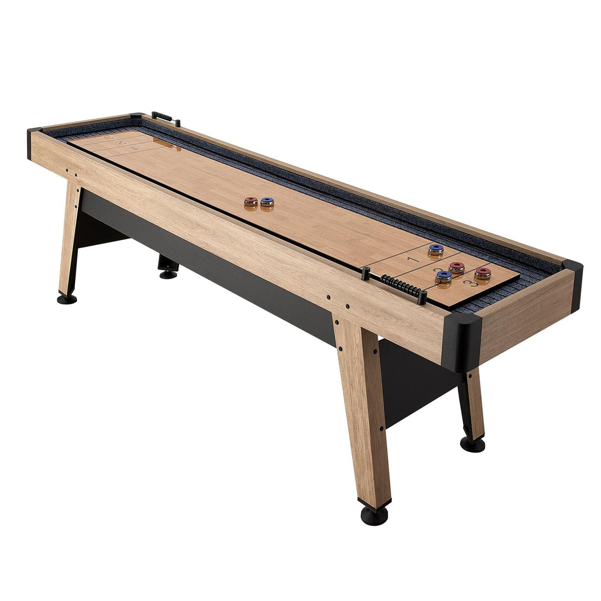9 ft Shuffleboard Table, Scratch-Resistant Playfield for Smooth, Fast Puck Action, Pedestal Legs with Levelers for Optimum Stability, Shuffle Board w/ 8 Pucks, Wax, Brush, for Family Game Room