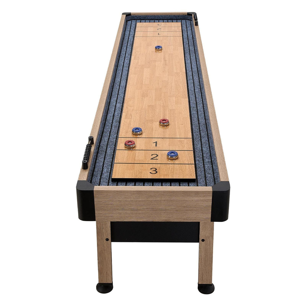 9 ft Shuffleboard Table, Scratch-Resistant Playfield for Smooth, Fast Puck Action, Pedestal Legs with Levelers for Optimum Stability, Shuffle Board w/ 8 Pucks, Wax, Brush, for Family Game Room