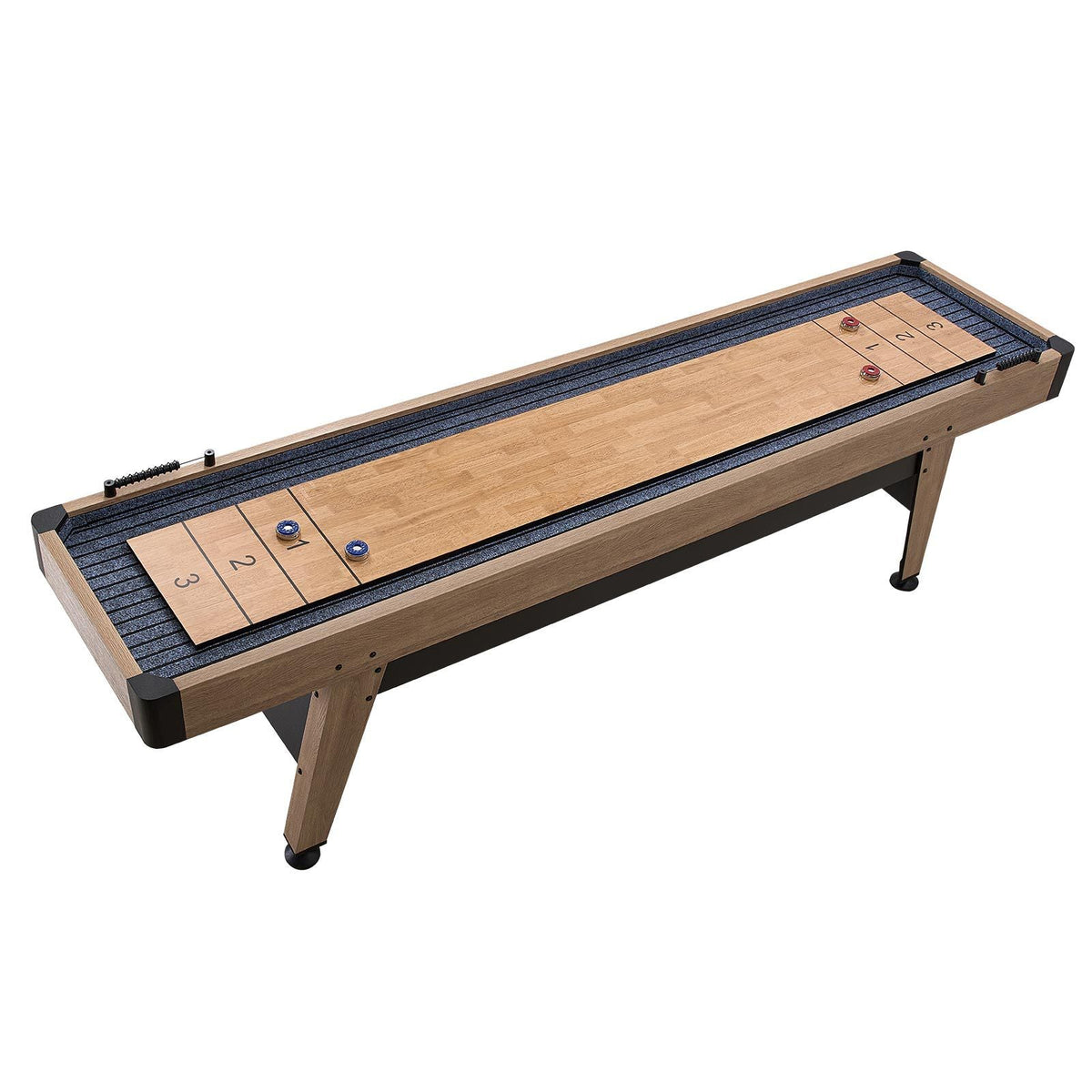 9 ft Shuffleboard Table, Scratch-Resistant Playfield for Smooth, Fast Puck Action, Pedestal Legs with Levelers for Optimum Stability, Shuffle Board w/ 8 Pucks, Wax, Brush, for Family Game Room