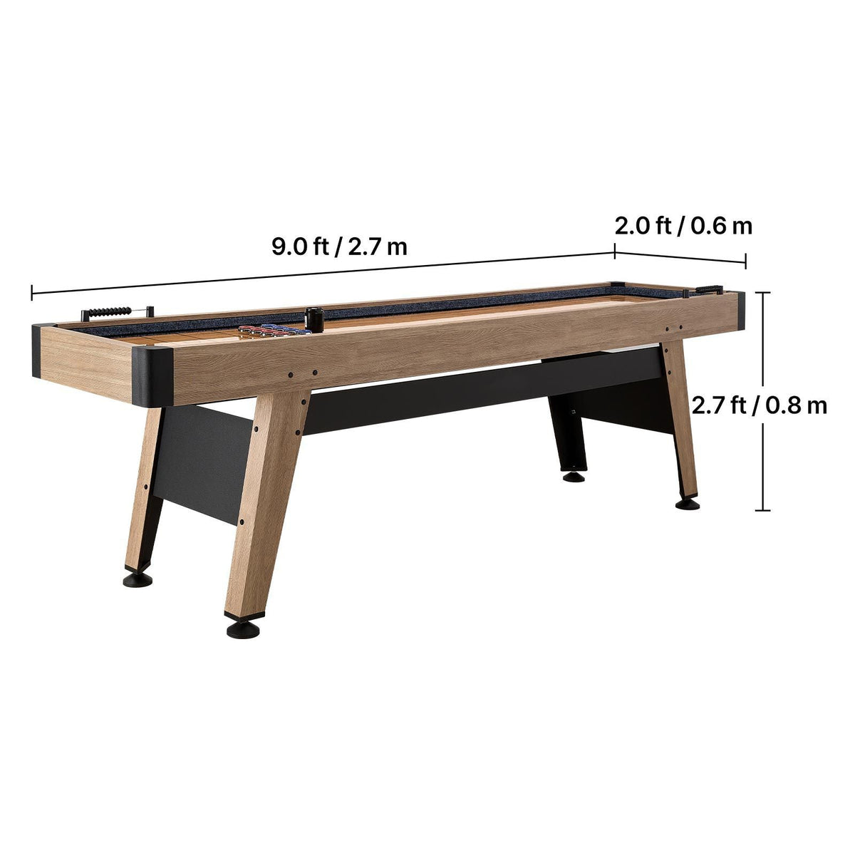 9 ft Shuffleboard Table, Scratch-Resistant Playfield for Smooth, Fast Puck Action, Pedestal Legs with Levelers for Optimum Stability, Shuffle Board w/ 8 Pucks, Wax, Brush, for Family Game Room