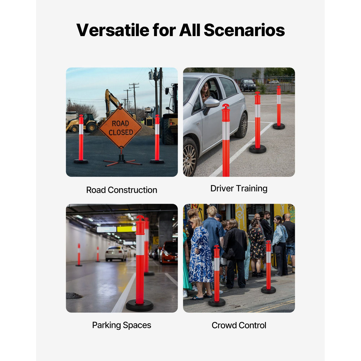 9 Pack Traffic Delineator Posts, 48 inches Traffic Safety Cones with Fillable Base and Reflective Strips, Heavy Duty Delineator Posts for Construction Site, Parking Lot, Crowd Control, Red