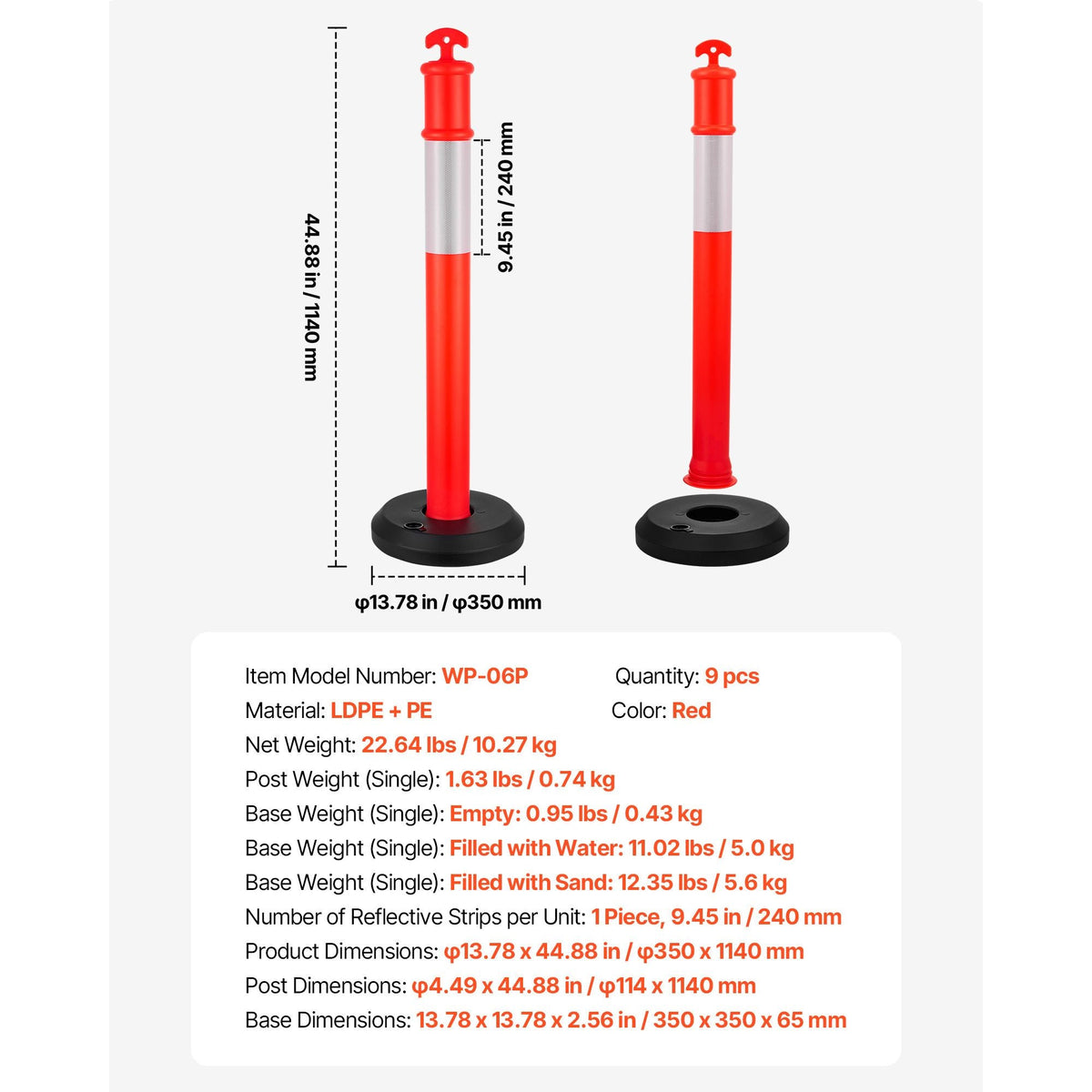 9 Pack Traffic Delineator Posts, 48 inches Traffic Safety Cones with Fillable Base and Reflective Strips, Heavy Duty Delineator Posts for Construction Site, Parking Lot, Crowd Control, Red
