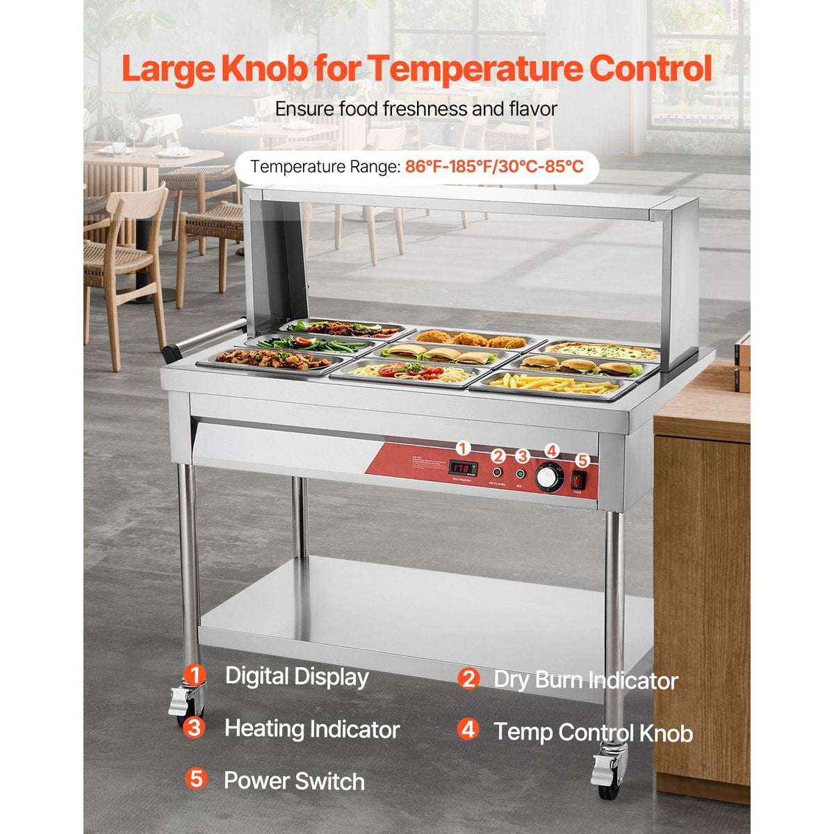 9-Pan Commercial Food Warmer, 9 x 1/3 Pans Electric Steam Table, 1500W Professional Buffet Catering Food Warmer with Shield Undershelf Wheels, Stainless Steel Server for Party Restaurant
