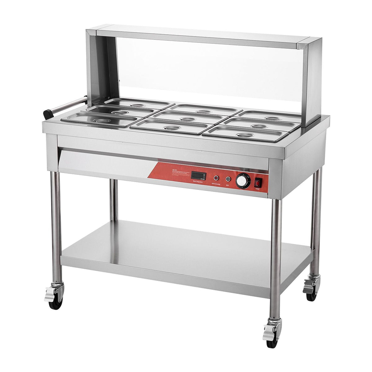 9-Pan Commercial Food Warmer, 9 x 1/3 Pans Electric Steam Table, 1500W Professional Buffet Catering Food Warmer with Shield Undershelf Wheels, Stainless Steel Server for Party Restaurant