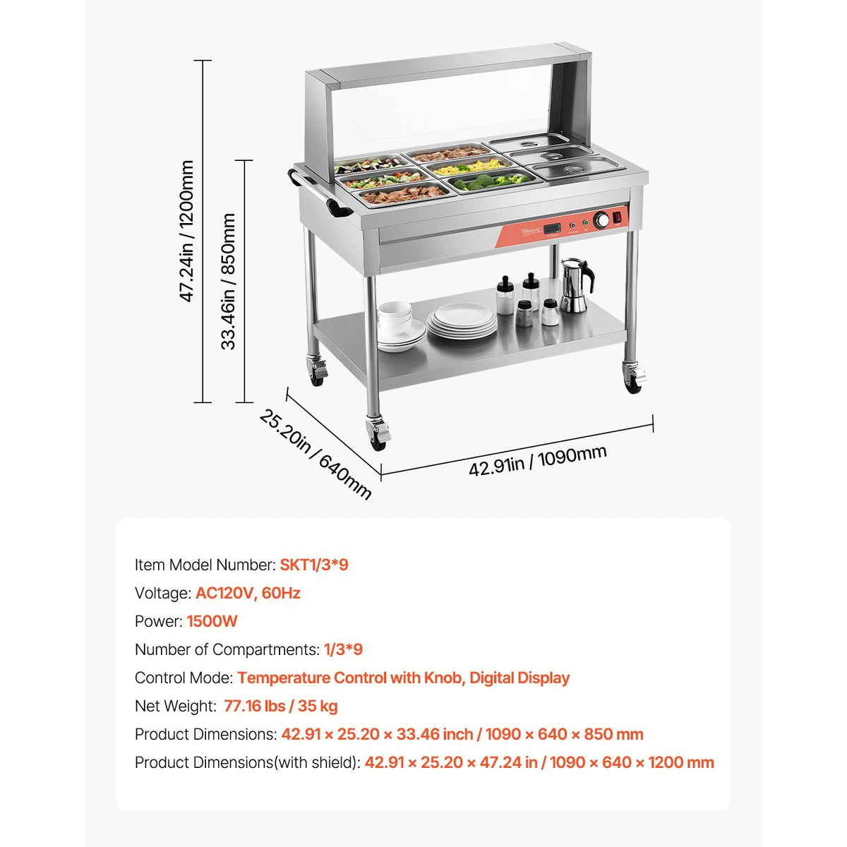 9-Pan Commercial Food Warmer, 9 x 1/3 Pans Electric Steam Table, 1500W Professional Buffet Catering Food Warmer with Shield Undershelf Wheels, Stainless Steel Server for Party Restaurant